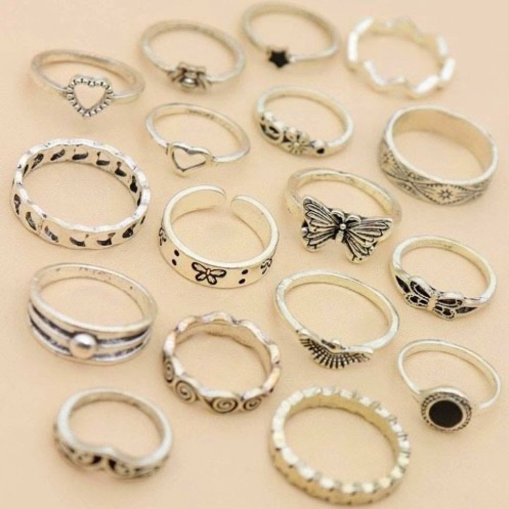 17pcs Star Decor Ring Antique Silver